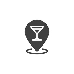 Bar drinks location pin vector icon. filled flat sign for mobile concept and web design. Cafe restaurant map marker glyph icon. Symbol, logo illustration. Vector graphics