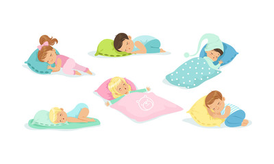 Poster - Little Children Sleeping Covered with Blanket Vector Set