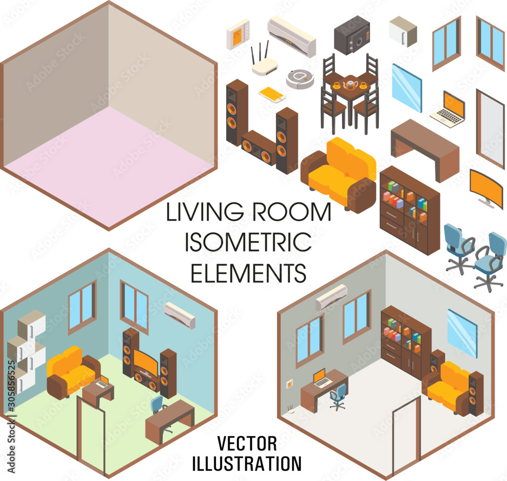 Living room interior constructor, vector flat isometric illustration ...