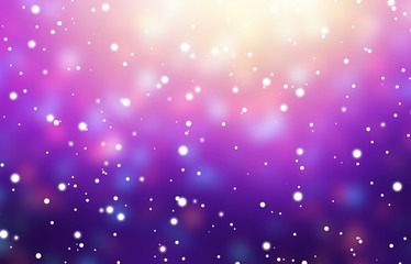 Wall Mural - Snowfall on vibrant purple empty background. Golden shine. Wonderful winter blurred texture. Xmas magic illustration. Snow in front of garland lights. Glare confetti. Festive mystery backdrop.