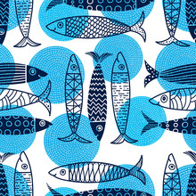 Cute Fish.  Kids Line Background. Seamless Pattern. Can Be Used In Textile Industry, Paper, Background, Scrapbooking.