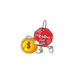 Sticker - happy christmas sale tag cartoon character with gold coin