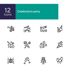 Poster - Celebration party line icon set. Ribbon cutting, cake with candles, cracker. Holiday concept. Can be used for topics like grand opening, birthday, show, event