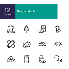 Sticker - Drug products line icon set. Set of line icons on white background. Healthcare concept. Stomach, gemma, liver. Vector illustration can be used for topics like medicine, health, treatment