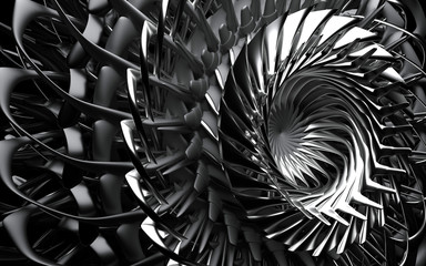 3d render of abstract aircraft turbine engine with super sharp blades in steel material