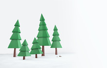 Conceptual Polygonal Winter Pine Trees In A Low Poly Style. Template For Banner, Poster, Flyer, Cover, Brochure, Magazine Page, Etc.. 3D Illustration