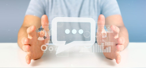 Poster - View of a Businessman holding a message icon with data in background - 3d rendering