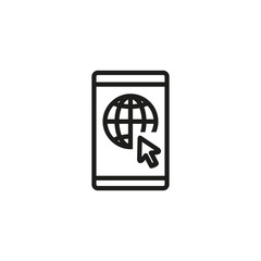 Poster - App purchase thin line icon. Networking, globe, device screen isolated outline sign. Digital purchase concept. Vector illustration symbol element for web design and apps.
