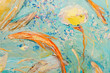 Blue and yellow abstract oil painting as background. Close-up part of the oil painting.(Two yellow turtles swimming in blue water.)