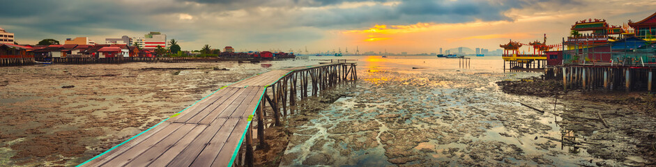 Wall Mural - Sunrise at Penang. Yeoh jetty on the foreground , Malaysia. Panorama