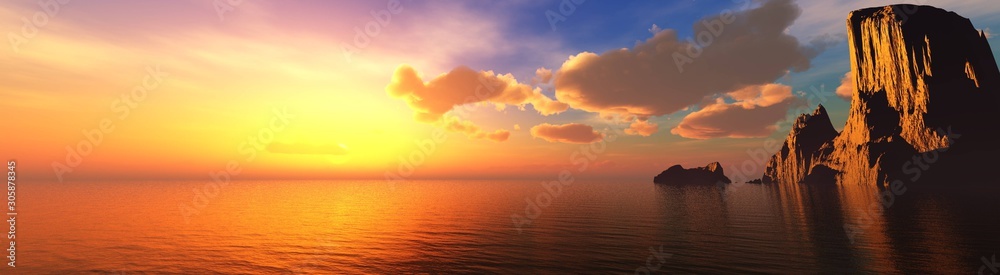 Beautiful sea sunset near the rocks, panorama of the sea landscape at sunrise. 3d rendering. - obrazy, fototapety, plakaty 
