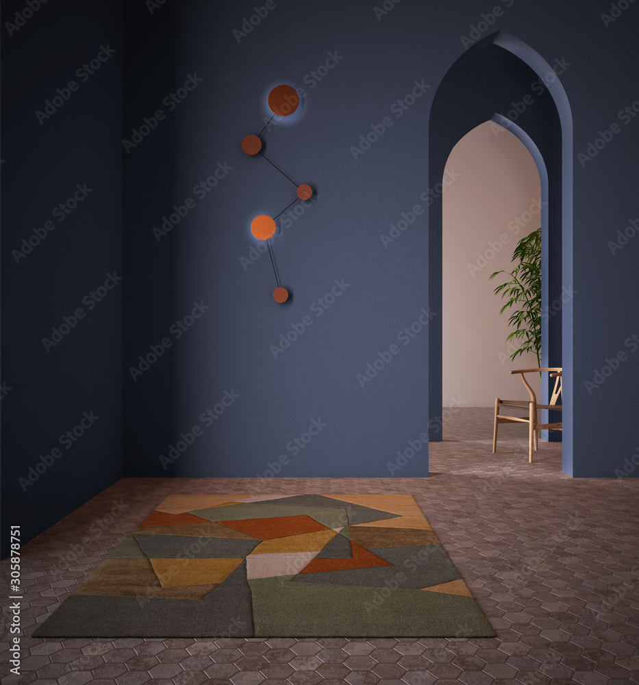 Classic eastern lobby, modern colored hall with blue stucco walls ...