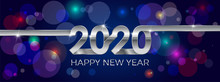 2020, Happy New Year. Banner Or Invitation, Party Poster Gold Glittering Stars Confetti Glitter Decoration. Greeting Card With Silver Inscription Happy New Year 2020. Vector Illustration.