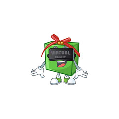 Sticker - cool green gift box character in Virtual reality headset