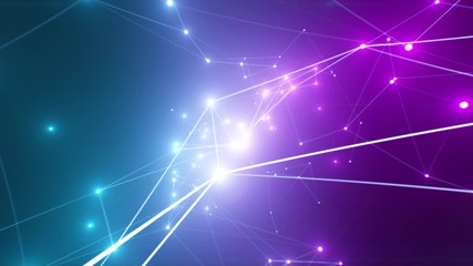 Canvas Print - Beautiful Abstract Glowing Lights Purple and Blue Colors with Growing Network Connections in Cyberspace Seamless. Looped 3d Animation of with Flashing Lights. 4k Ultra HD 3840x2160