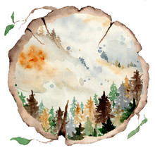 Watercolor Landscape With Pine And Fir Trees And Mountains Abstract Nature Background