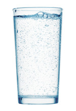 One Glass Of Sparkling Water On A White Background, Isolated Object