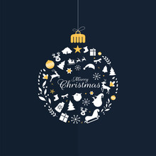 Calligraphy Of Merry Christmas With Hanging Bauble Made By Christmas Festival Elements On Blue Background. Can Be Used As Greeting Card Design.