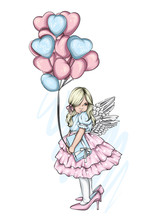 Beautiful Little Girl In A Dress And With Heart-shaped Balloons. Charming Baby. Valentine's Day, Love, Cupid. Vector Illustration For Postcard Or Poster, Print For Clothes. Angel.