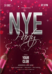 Wall Mural - NYE Party invitation card or flyer design with champagne bottle and event details on burgundy bokeh background.