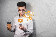 Asian Seo Manager Holding Paper Cup, Using Smartphone With Likes Illustration