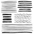 Set, collection of vector uneven lines, wavy stripes, doodle streaks, bars, rough brush strokes. Hand drawn design elements, text underline with rough edges. Waves, scribbles, banners badge templates.