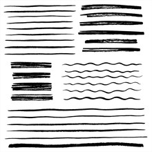 Set, Collection Of Vector Uneven Lines, Wavy Stripes, Doodle Streaks, Bars, Rough Brush Strokes. Hand Drawn Design Elements, Text Underline With Rough Edges. Waves, Scribbles, Banners Badge Templates.