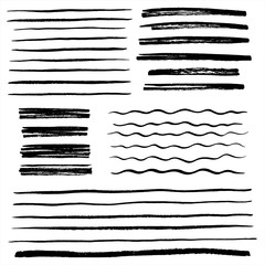 Poster - Set, collection of vector uneven lines, wavy stripes, doodle streaks, bars, rough brush strokes. Hand drawn design elements, text underline with rough edges. Waves, scribbles, banners badge templates.