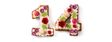 Valentine's Day Cake With 14 Number With Flowers Decorated Isolated On White Background. 	