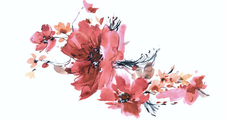 Flowers watercolor illustration.Manual composition.Big Set watercolor elements.