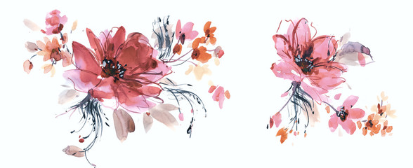 Flowers watercolor illustration.Manual composition.Big Set watercolor elements.