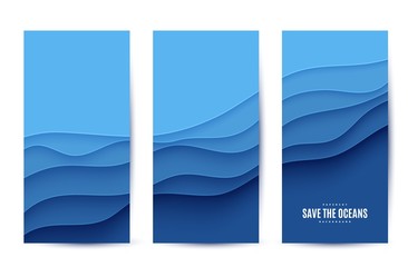 Wall Mural - Three abstract vertical flyer collection in cut paper style. Set of cutout blue sea wave template for for save the Earth posters World Water Day eco brochures. Vector water applique card illustration.