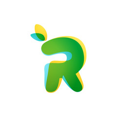 Wall Mural - R letter eco logo. Overlapping gradient font with green leaves.