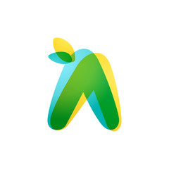 Wall Mural - Letter A eco logo. Overlapping gradient font with green leaves.