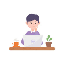 young man using laptop with coffee and plant