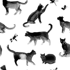 Seamless pattern with cats. Vector pattern drawn by hand.