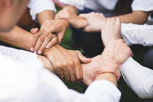 Group People Hands Were Collaboration To Trust In Business Success Concept Of Teamwork Partnership In Company. Victory As A Team, Fighting For The Success Of The Organization Concept.