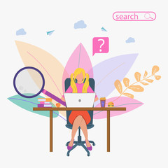 Poster - Search for information or a potential Internet candidate. Metaphor banner with a woman sitting on a huge magnifier with a computer. Vector illustration colorful search button.