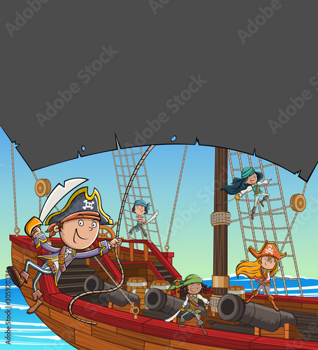 Cartoon pirates on a ship at the sea