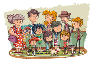 Colorful happy cartoon people. Big family.