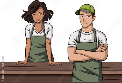 Cartoon young people wearing apron. Workers wearing uniform.