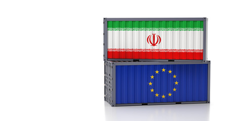 Two freight container with Iran and European Union flag. 3d rendering 