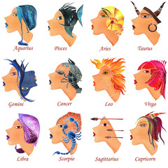 Wall Mural - Set of 12 zodiac signs as faces of women. Watercolor illustration isolated on a white background.