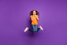 Full Length Body Size View Of Her She Nice Attractive Charming Playful Funky Cheerful Cheery Wavy-haired Girl Jumping Having Fun Free Time Isolated On Lilac Purple Violet Pastel Color Background