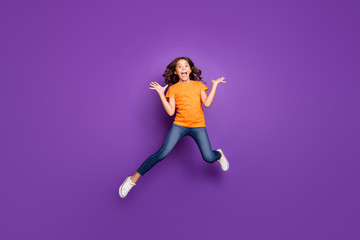 Poster - Full length body size view of her she nice attractive lovely pretty crazy overjoyed cheerful cheery wavy-haired girl jumping having fun fooling isolated on lilac purple violet pastel color background