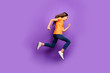 © deagreez - Full length body size view of her she nice attractive lovely funky cheerful cheery wavy-haired girl jumping running fast action isolated over lilac purple violet pastel color background