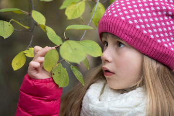 Wall Mural - Pretty child girl wearing warm winter clothes holding tree branch with green leaves in cold weather outdoors.