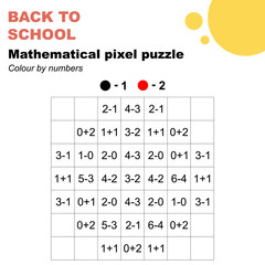 Colour by numbers. Mathematical pixel puzzle. Addition and subtraction easy worksheet, for children in preschool, elementary and middle school.