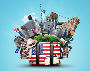 Wall Mural - Suitcase with American flag on the background of USA landmarks