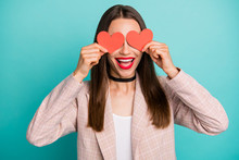 Close-up Portrait Of Nice Attractive Lovely Cheerful Cheery Straight-haired Girl Closing Eyes With Small Little Hearts Isolated On Bright Vivid Shine Vibrant Blue Green Turquoise Color Background
